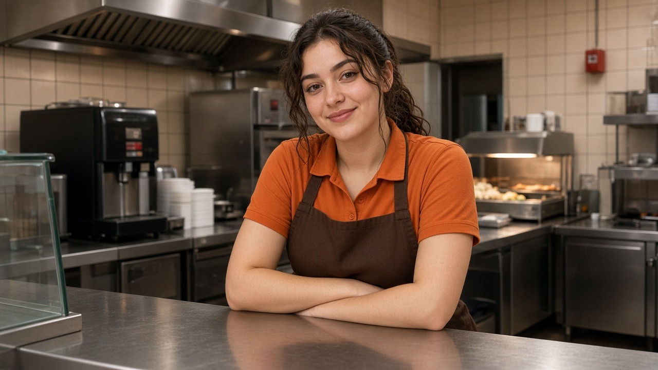 Fast-food crew member in a warm orange-brown polo and apron smiling at the QSR counter
