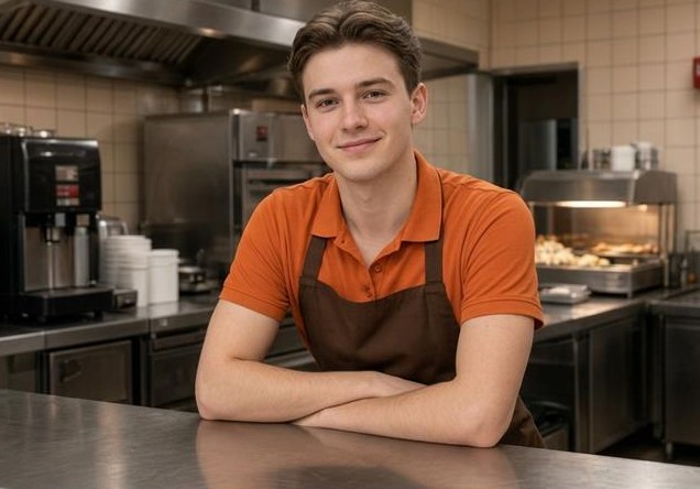 Crew member in an orange polo and brown apron smiling at a commercial kitchen counter