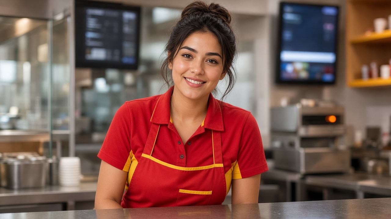 Young QSR crew member in a red-and-yellow polo and apron smiling at the counter