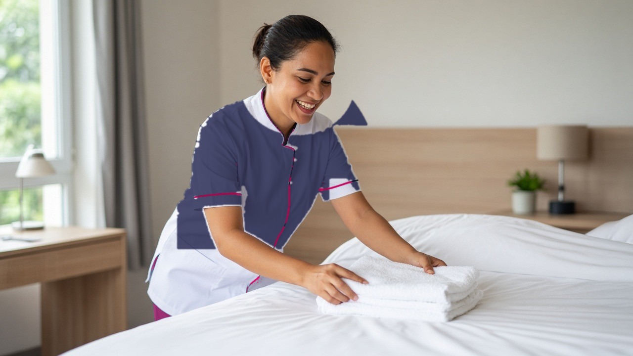 Smiling hotel housekeeper placing fresh towels on a guest-room bed