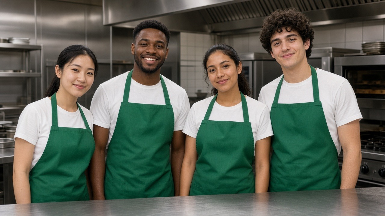 Four young crew members in white tees and green aprons, including a Latina teammate, smiling together behind the counter