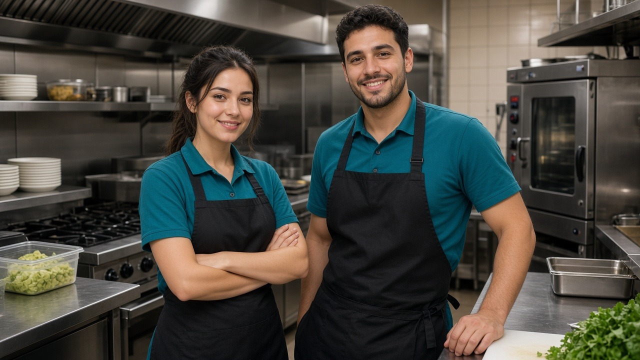 Two young frontline teammates in teal polos and black aprons smiling together in the kitchen
