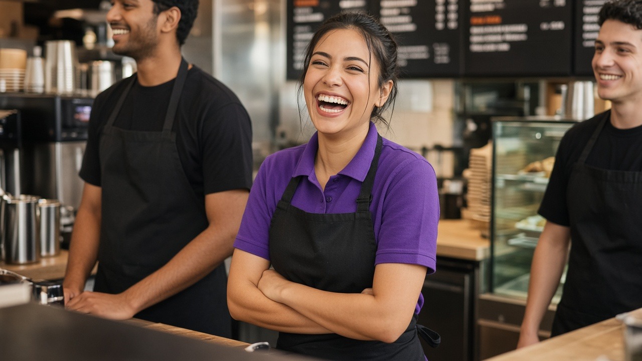 Young QSR crew member in purple polo and black apron laughing behind the counter